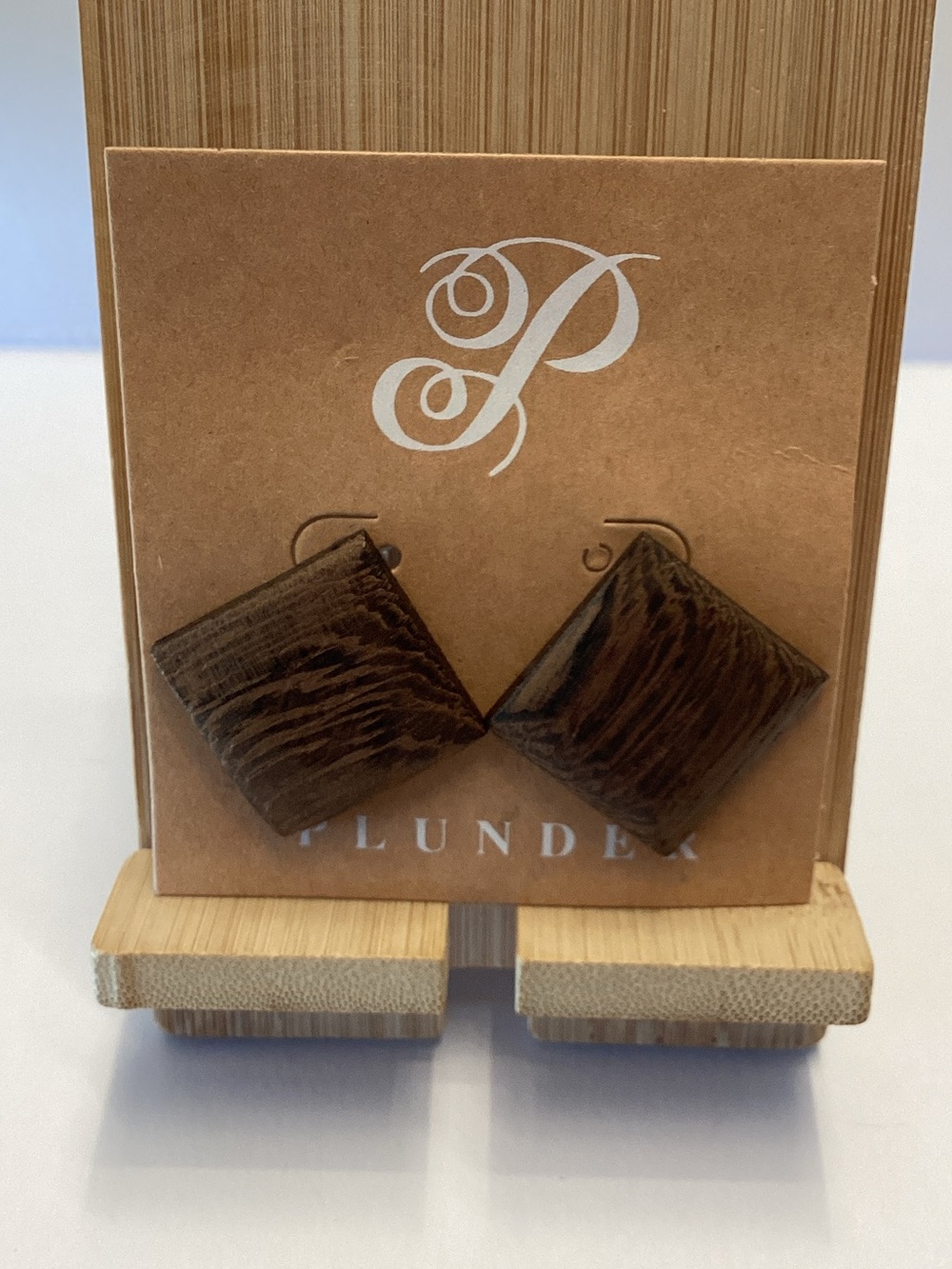 Plunder Dark Brown Square Wood Dangle Earrings